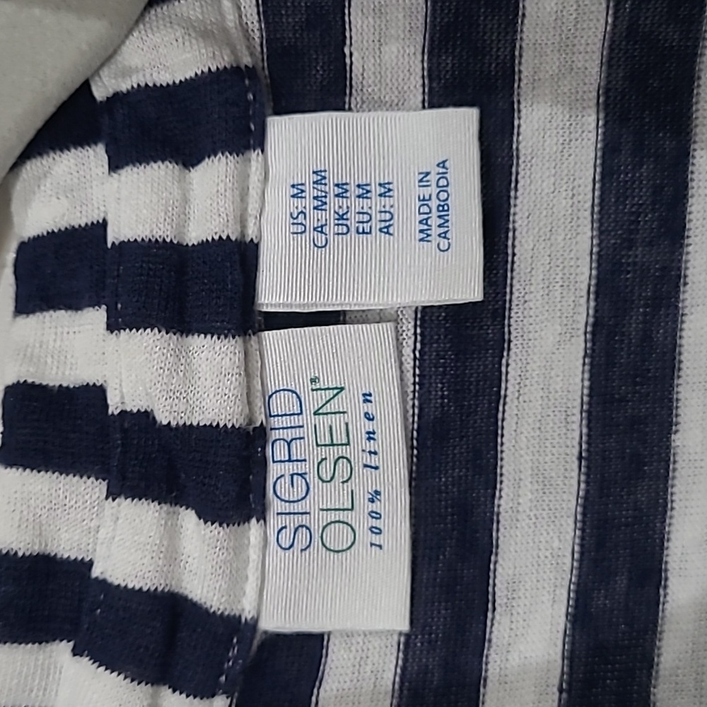 Sigrid Olsen Womens Navy & White Striped Linen V-Neck Top Blouse Tee Size Medium - Picture 2 of 5